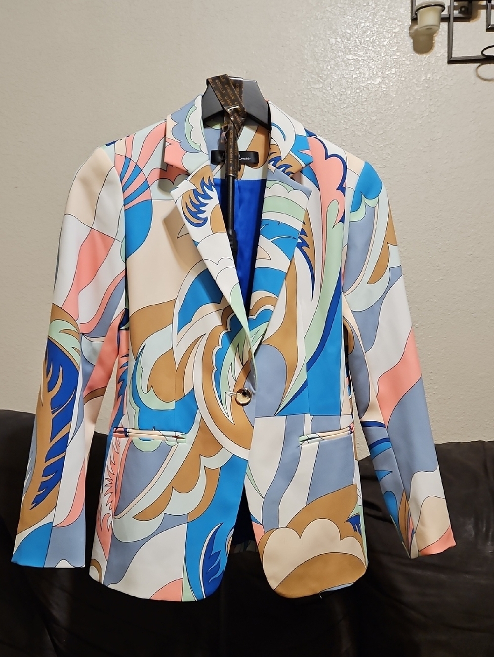 Women's Multicolor Abstract Print Blazer - Blue, Pink & Tan